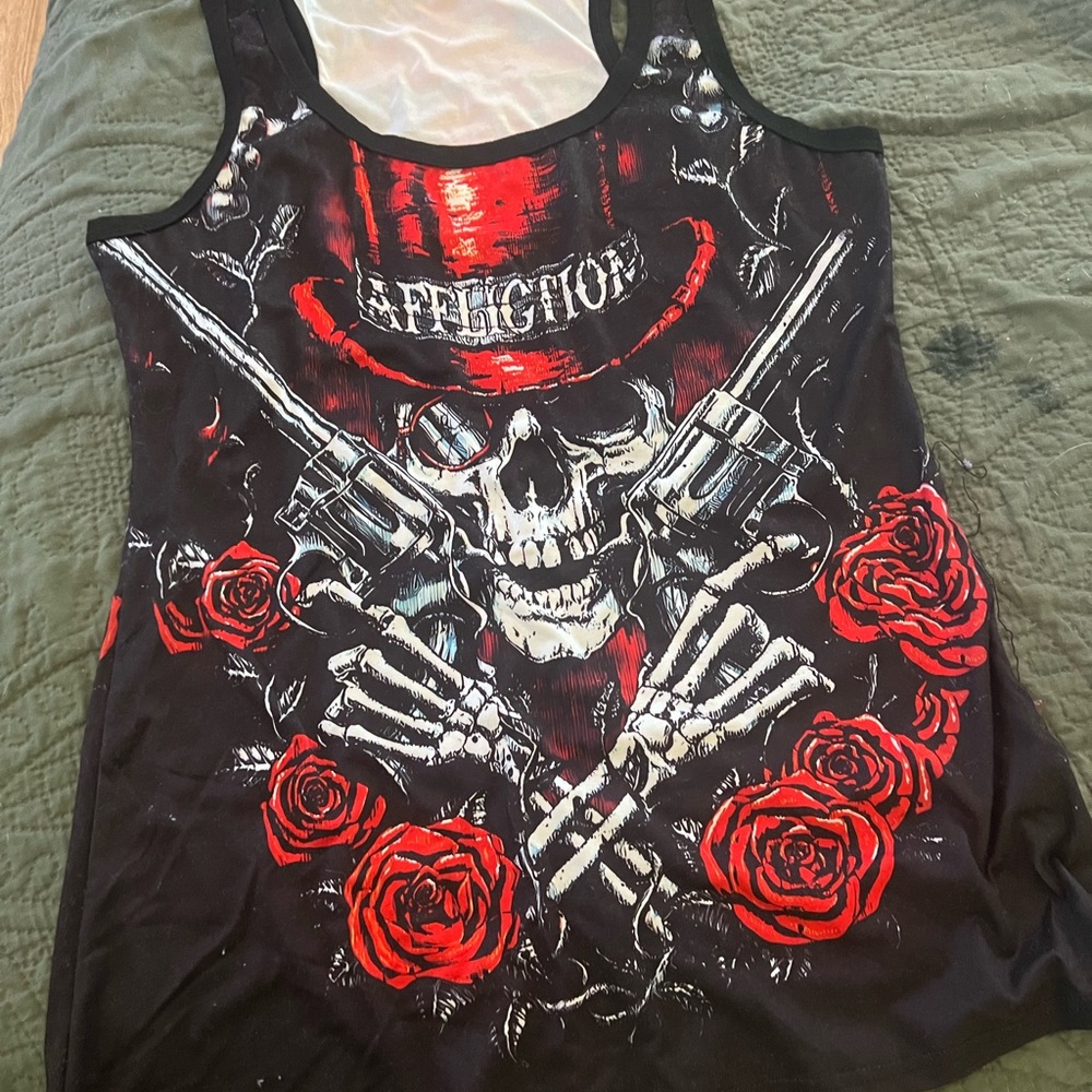 Affliction Black Tank with Red Skull & Rose Graphic